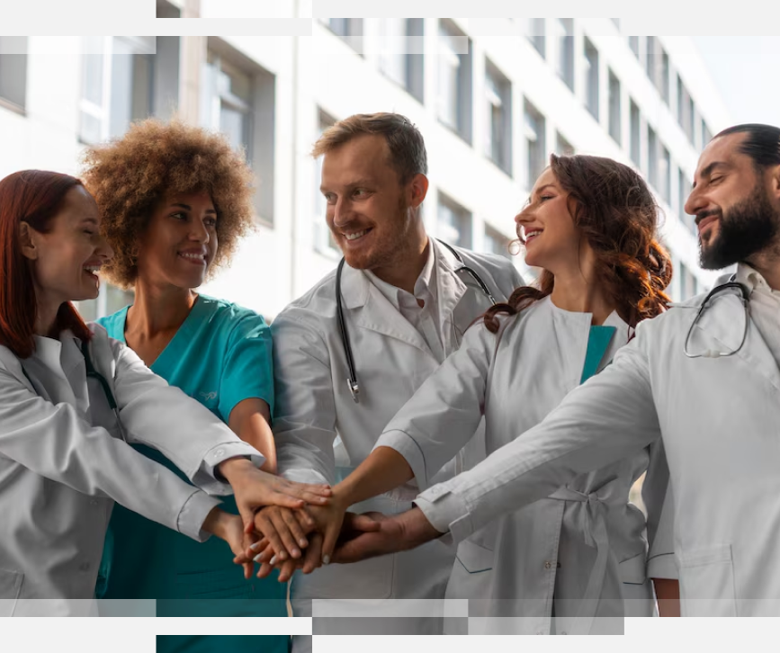 Equipo médico uniendo manos